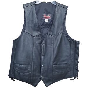 Hillside Leather Black Snap-Up Lace-Up Sides Biker Vest Size 50 2XL Inner Pocket